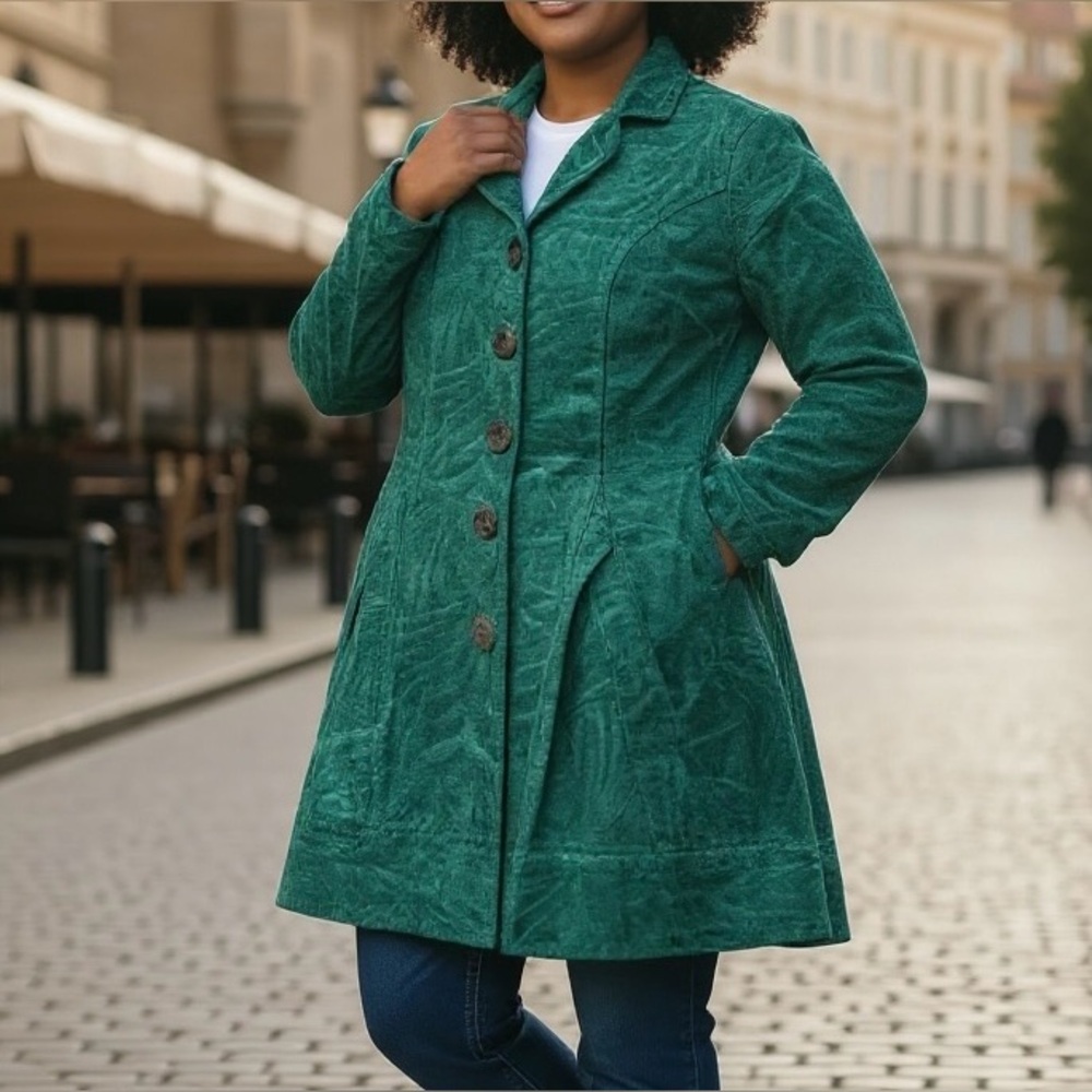 CMC Color Me Cotton Coat Floral Brocade Tapestry Green Velvet Lagenlook